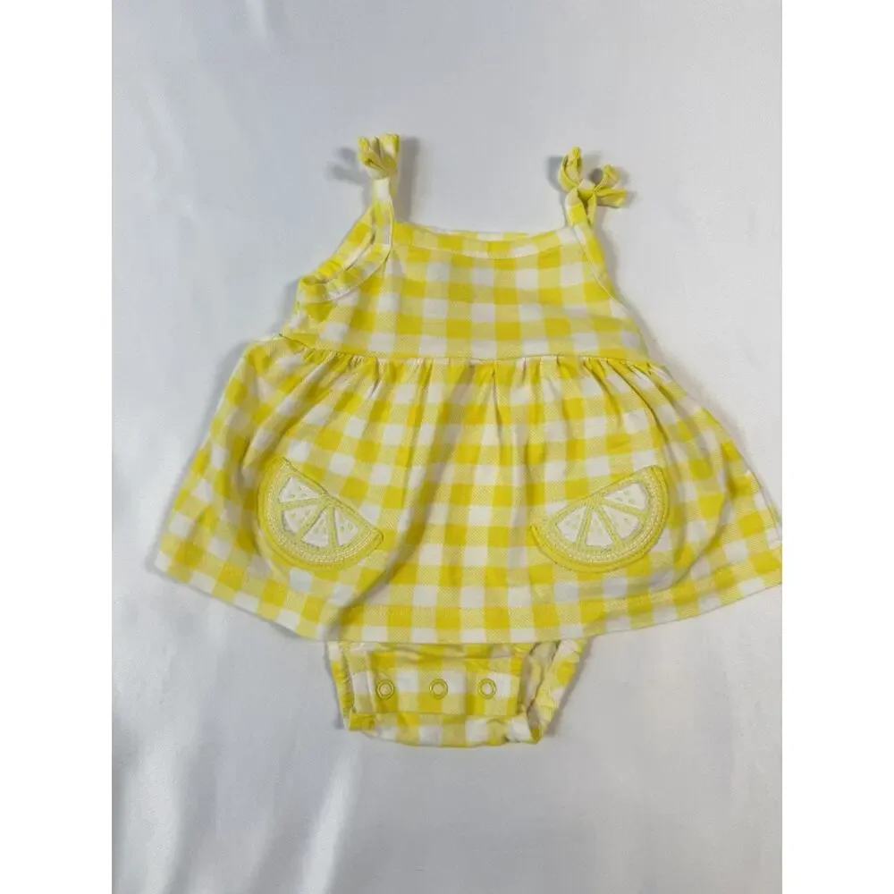 Carter’s Baby Girl 3M Lemon Romper Dress‎ Yellow Gingham Sunsuit Summer Cute